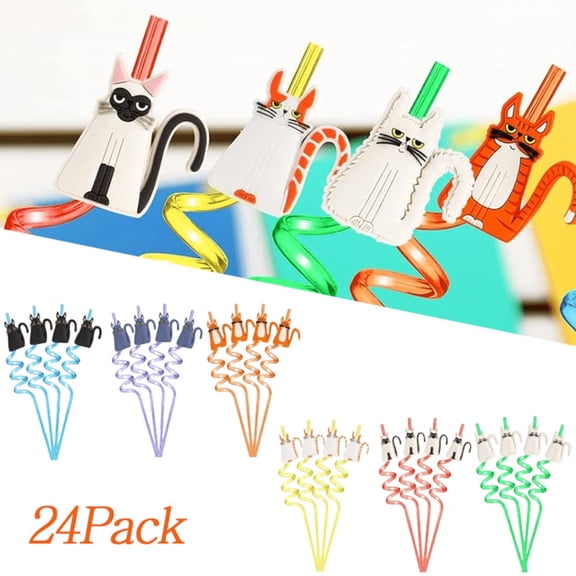 Feline Party Straws 24-Pack, Reusable Plastic Cat Design Straws with 2 Cleaning Brushes, Eco-Friendly Party Supply Kit