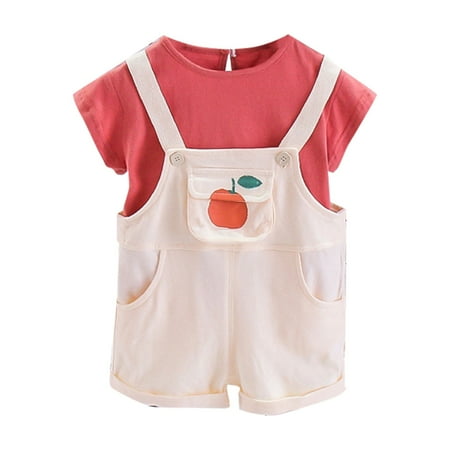 

Rovga Outfits For Toddler Girls Kids Suit Solid Color T Shirt Short Sleeve Jeans Suit Fruit Orange Pocket Suspenders Summer Breathable Two Piece Set