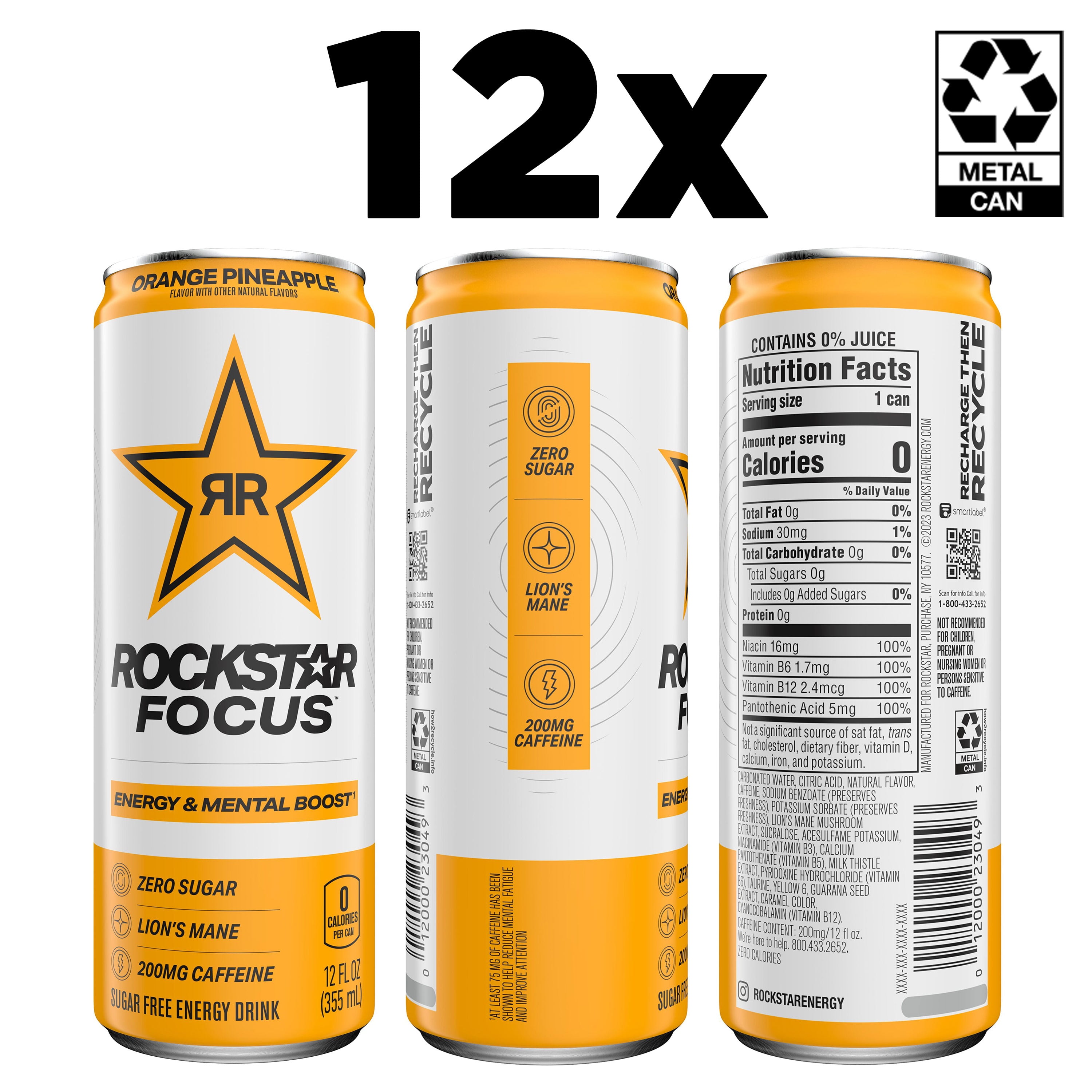 Rockstar Focus Zero Sugar Energy Drink, Orange Pineapple Flavor, Lion’s Mane, Energy & Mental Boost, 12 oz 12 Pack Cans