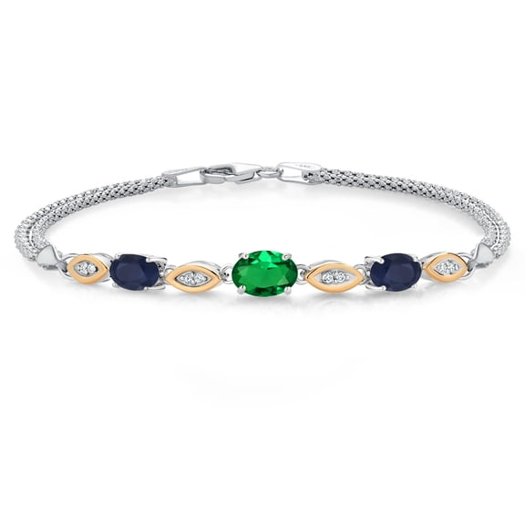 Gem Stone King 925 Silver and 10K Yellow Gold Green Nano Emerald and Blue Sapphire and White Lab Grown Diamond Bracelet for Women (1.77 Cttw, Gemstone May Birthstone, Oval, Wheat Chain, 7.5 inches)