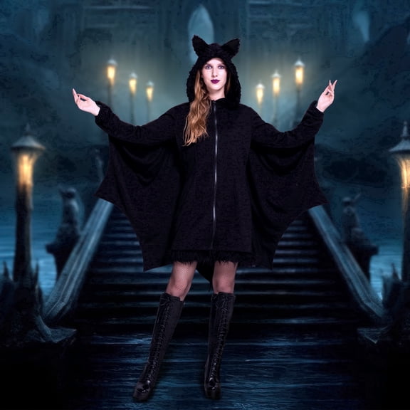 Joyfy Women‘s Black Bat Costume Zip Up Hooded Jumpsuit with Attached Ears for Halloween Party Cosplay and Themed Dress Up