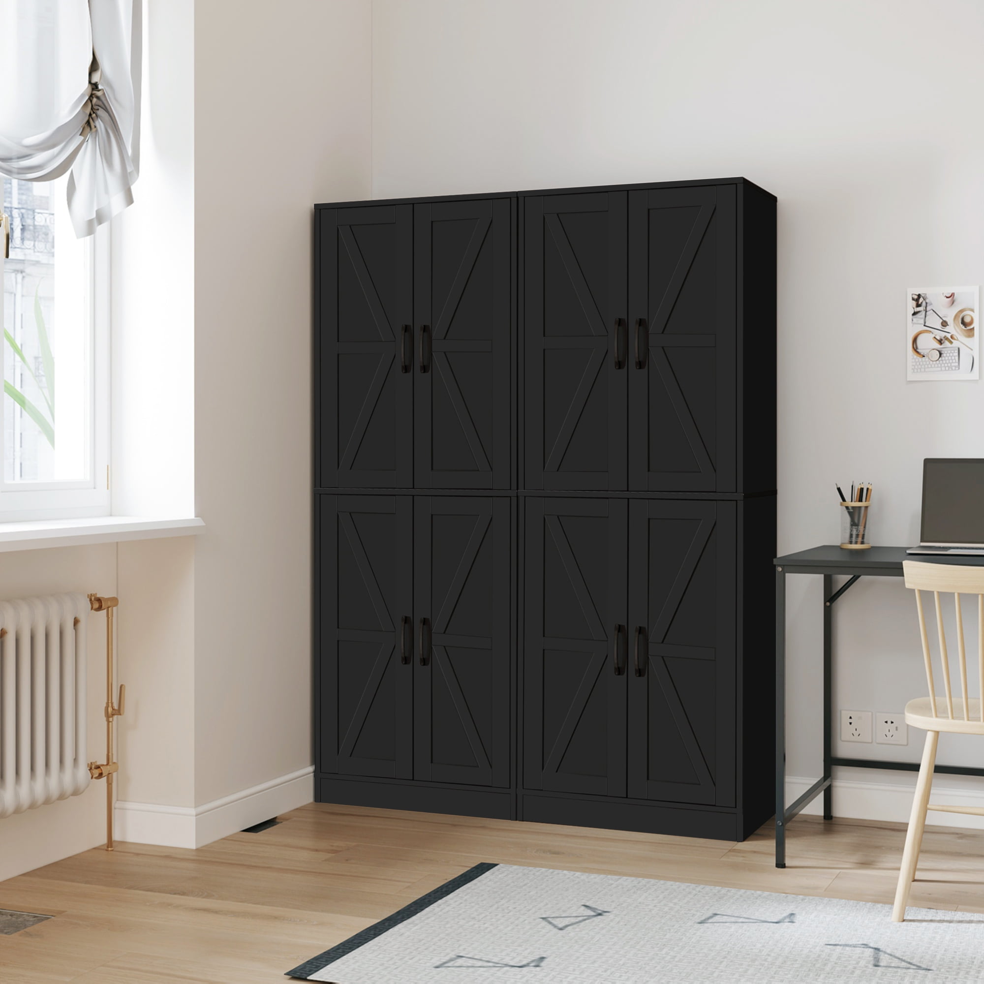 BOCVKENN Kitchen Pantry Cabinet, 67.7" Tall Wood Storage Cabinet with 4 Doors and Shelves Freestanding Cupboard for Dining Room Living Room Bathroom,Black