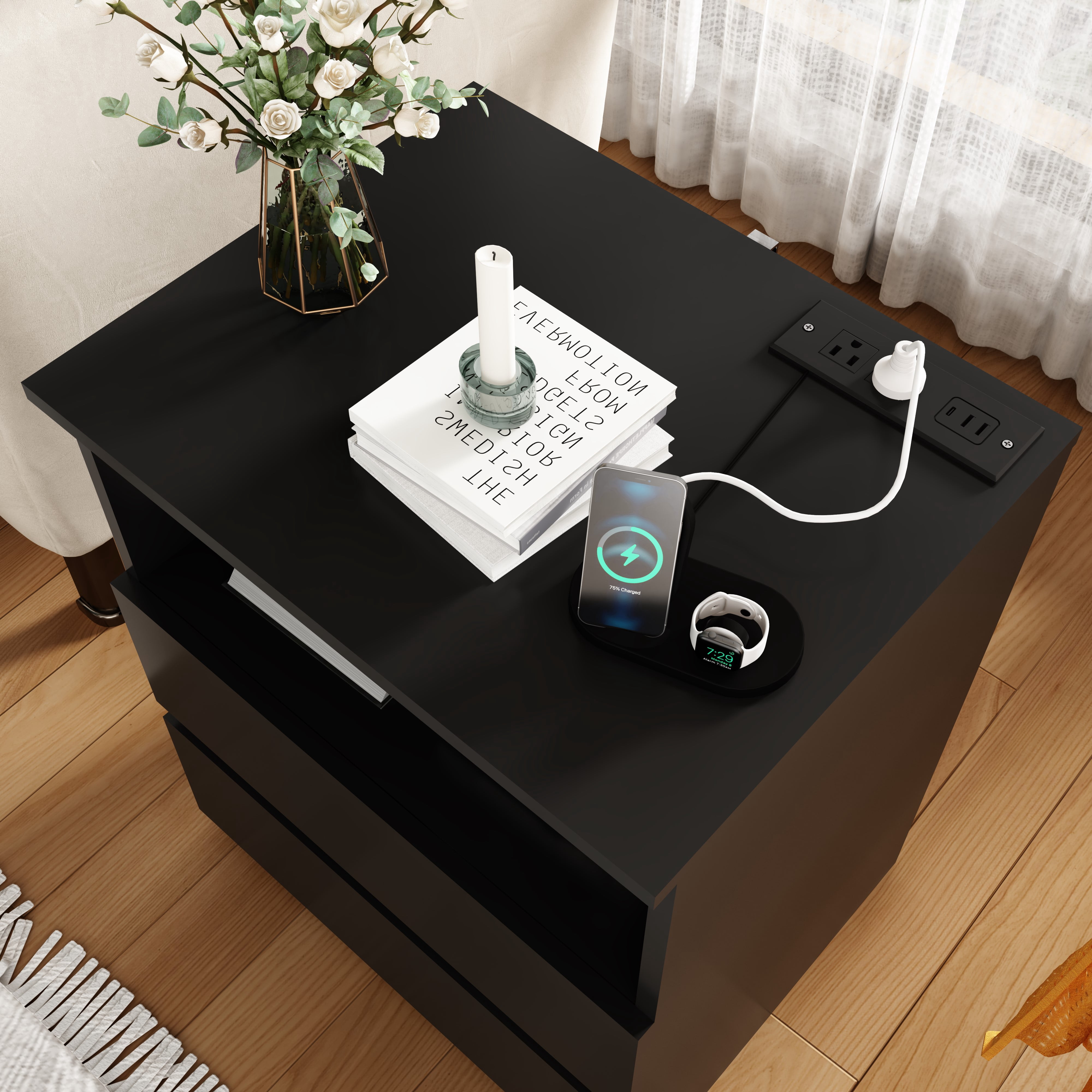 Mintazer Nightstand Set of 2, Bedside End Table with Charging Station, 2 Drawers & Open Storage Compartment, Particle Board Side Table for Bedroom Living Room, Black