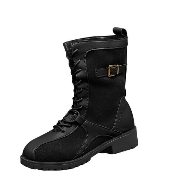 Black Female Everyday Mid-Calf Boots With Lace-Up And Belt Buckle For Winter Wear