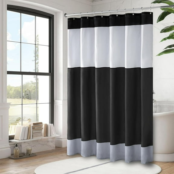 White and Black Shower Curtain for Bathroom，Boho Fabric Striped Shower Curtain Polyester Waterproof Modern Farmhouse Shower Curtain with Hooks 72"W x 96"L (Pack of 1)