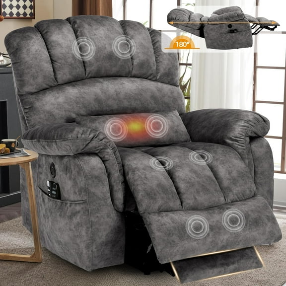 OUINCH Tall Man Oversized Dual Motor Power Lift Recliner w/Heat Massage, Large Lay Flat Sleeper Electric Recliner with Extended Footrest for Elderly, Lumbar Pillow, USB & Type-C Ports, Plush-Gray