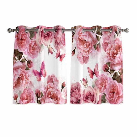 Pink Roses Kitchen Curtains Window Panels, Spring Floral Elegant Pastoral Butterfly Insulated Window Treatment Curtain, Grommet Curtains for Bedroom/Living Room/Bathroom, 2 Piece 52"Wx45"L