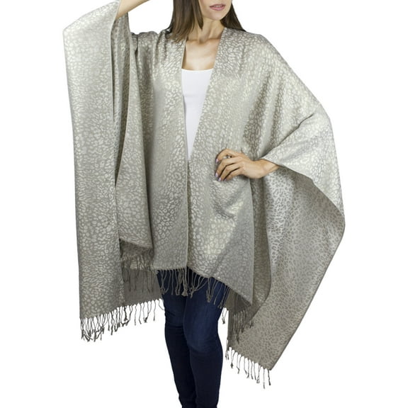 Jessica McClintock Women's Gold Metallic Leopard Jacquard Wrap with Fringe