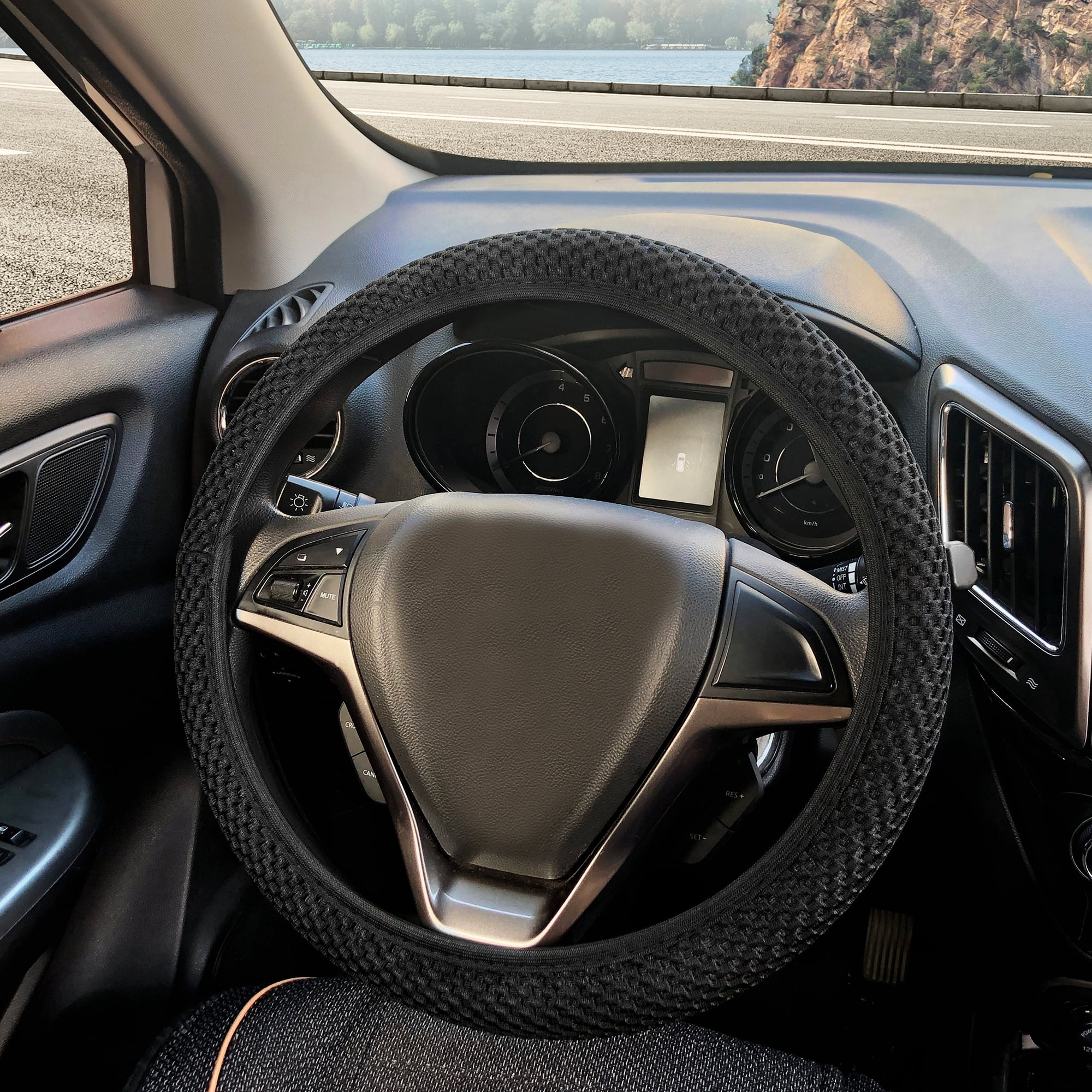 Unique Bargains Car Steering Wheel Cover Mesh Cloth Black