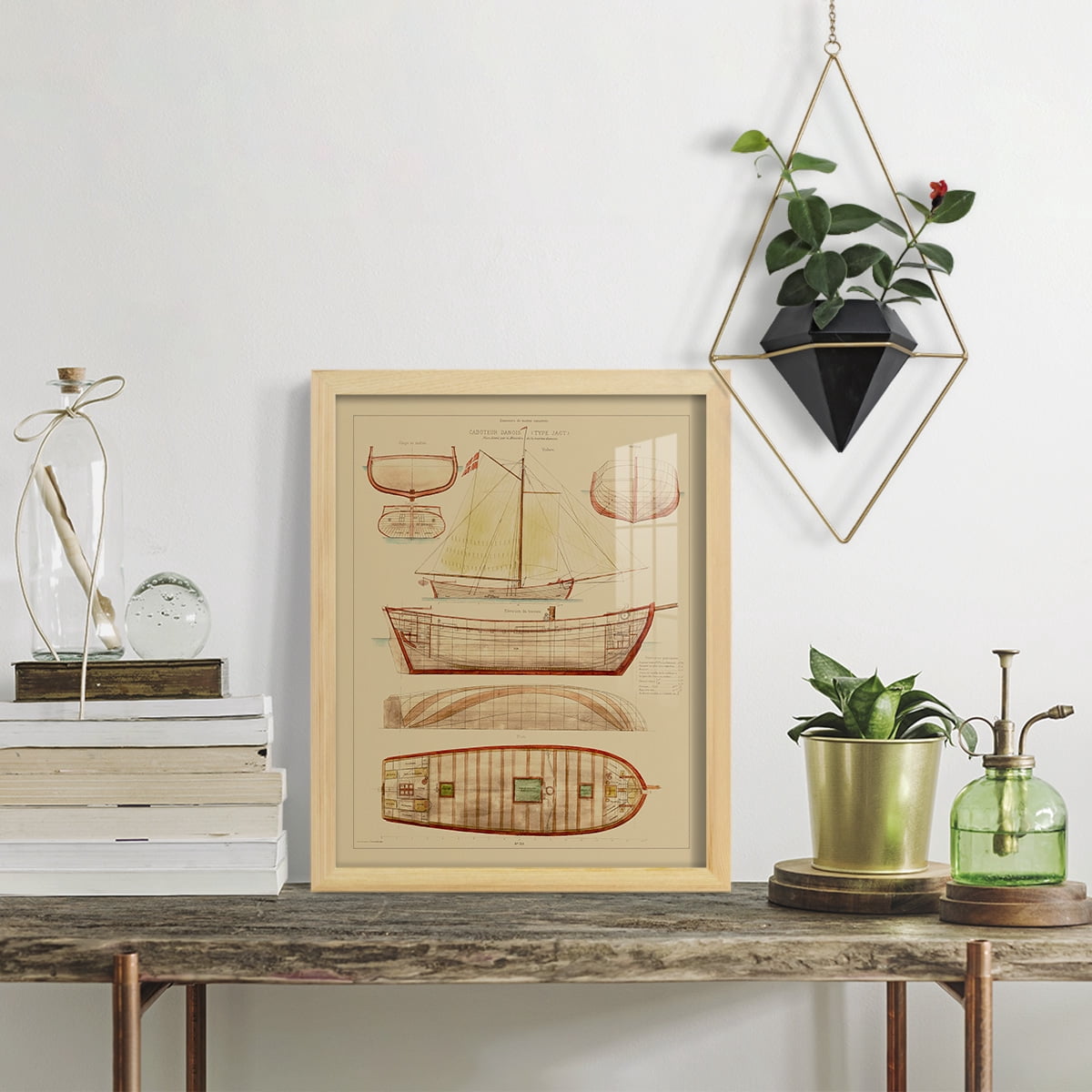 Antique Ship Plan III -Framed Print w/glass-Natural Wood