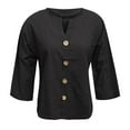 thumbnail image 6 of Linen Tops for Women Summer V Neck 3/4 Length Sleeve Womens Tops with Button Roll-Up Sleeve Casual Loose Fit Blouses Black L, 6 of 6