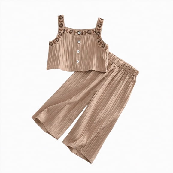 kpoplk Toddler Infant Girls Clothes Solid Color Sleeveless Ruffle Halter Tops Camisole Linen Pants Set Baby Summer Outfits Size 3-4 Years,Khaki