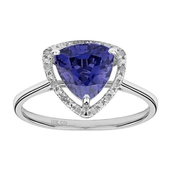 10k White Solid Gold Trillion Created Tanzanite and Natural Diamond Halo Birthstone Engagement Ring