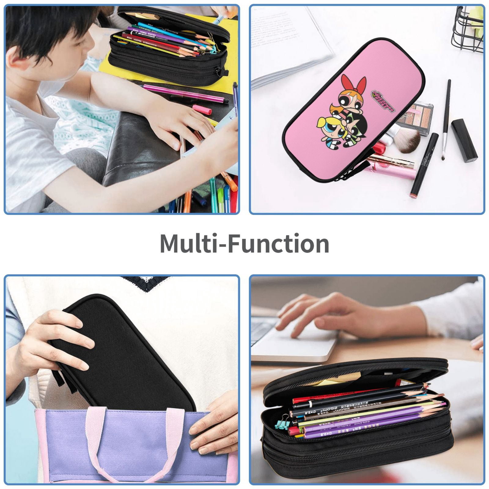 The Powerpuff Gi-rls Pencil Case Large Capacity Pencil Pouch Penbag Office Stationery Organizer Travel Makeup Bag Black