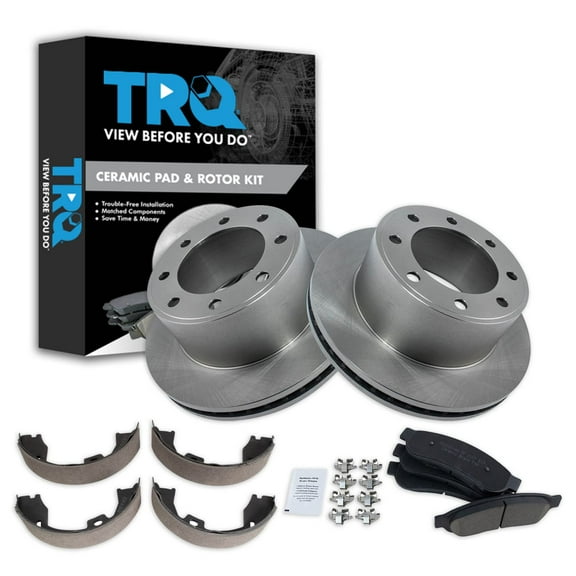 TRQ Rear Brake Pad & Rotor Kit Brake Pads Brake Rotor Parking Brake Shoe Set Ceramic Fits Select 2011-2012 Ford F-250 Super Duty F-350 Super Duty