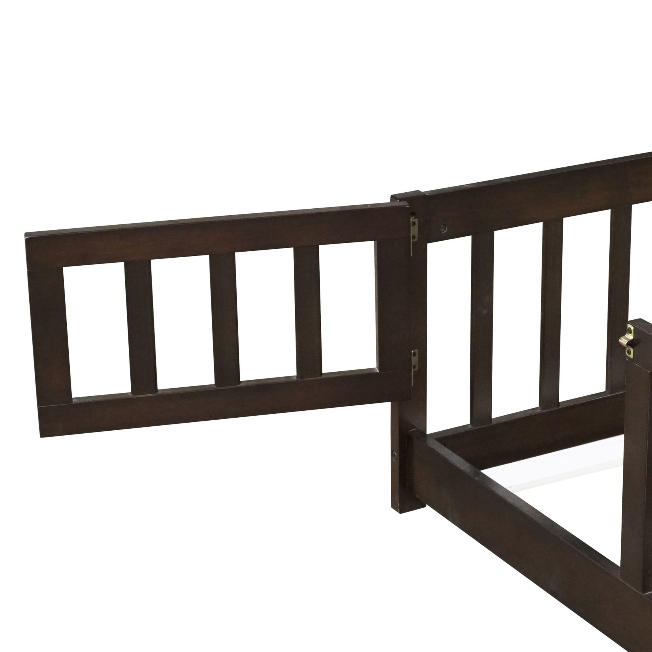 Noble House Queen Size Floor Bed, Solid Rubber Wood Frame with Fence, Door, Guardrails & Slat Support, Espresso
