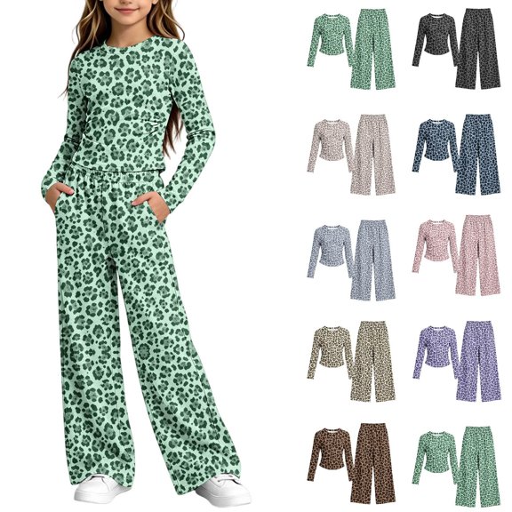 UKHCCC Girls 2 Piece Leopard Outfit, Long Sleeve Ruched Crop Top and Wide Leg Pants Set, Casual Loungewear Ages 5-15