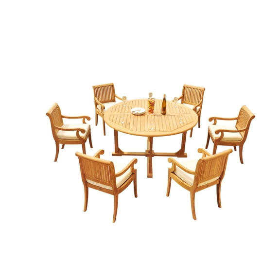 Grade-A Teak Dining Set: 6 Seater 7 Pc: 60" Round Table And 6 Giva Chairs (2 Arm & 4 Armless Chairs) Outdoor Patio WholesaleTeak #51GV1207