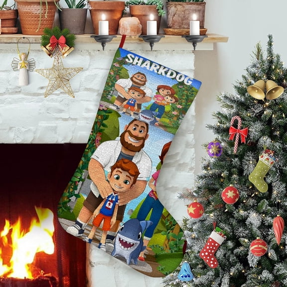 Sharkdog-theme Christmas Stockings，Fine white linen for Stairs Fireplace Hanging Xmas Home Decor Christmas gift17.7"X12.6"(45cm×32cm)