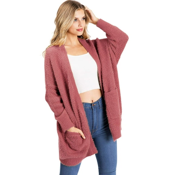 Lana Roux Women's Juniors Popcorn Fuzzy Eyelash Knit Cardigan (Berry, M/L)