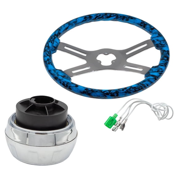 Truck Steering Wheel Kit – 18" Wood 4-Spoke Chrome Steering Wheel with Blue Pattern & Adapter with Screw Set Fit with Peterbilt (1998–2005), Kenworth (2001–2002) & Freightliner Truck