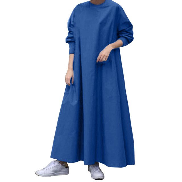 Gibobby Vestido de gasa de verano para mujer Vestido de falda de color sólido cómodo suelto de cuello redondo de manga larga de primavera otoño para mujer(Azul,XL)
