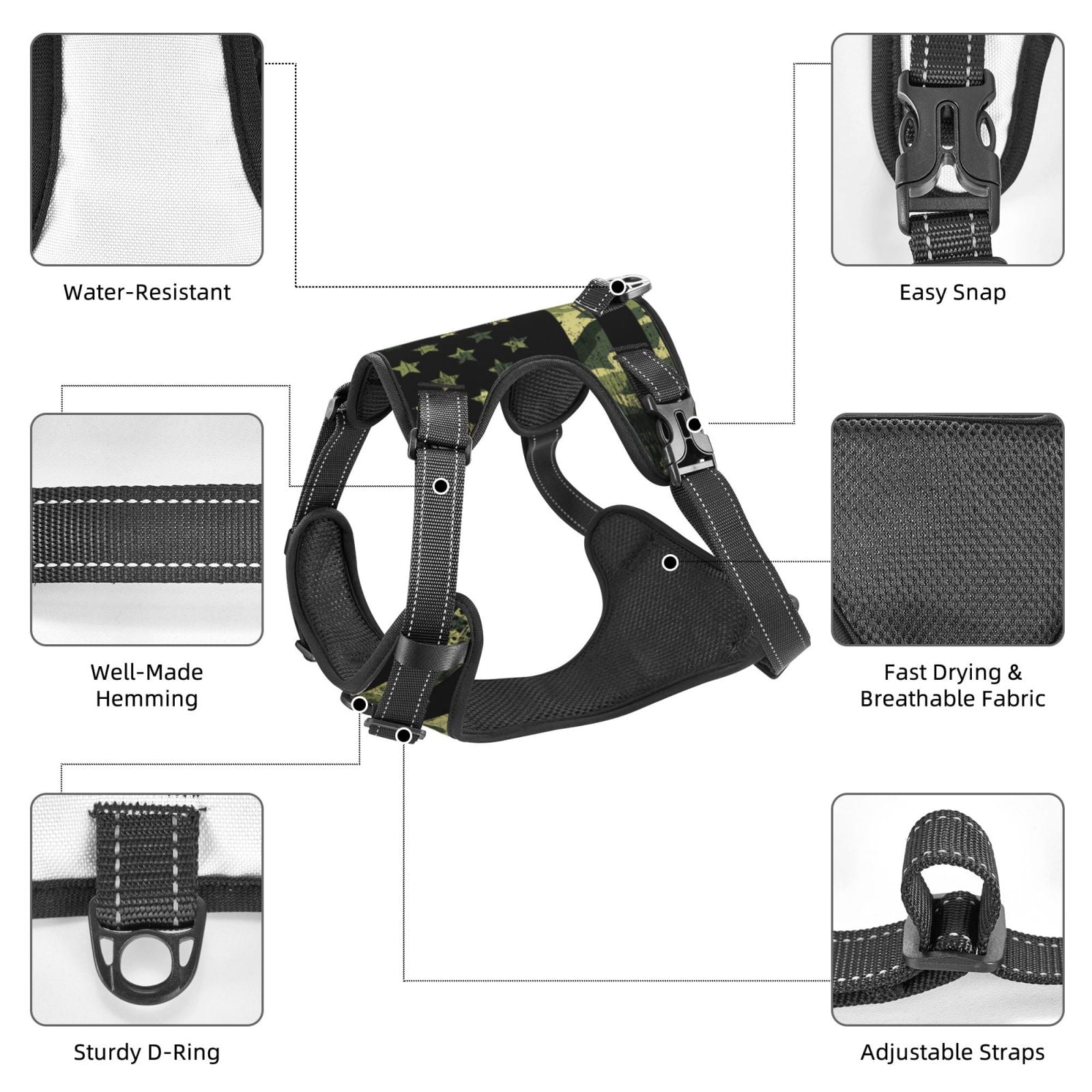 Naloa American Flag Camo Pet Harness Vest with Traction Rope, Adjustable No-Choke Dog Vest for Outdoor, Walking - Medium