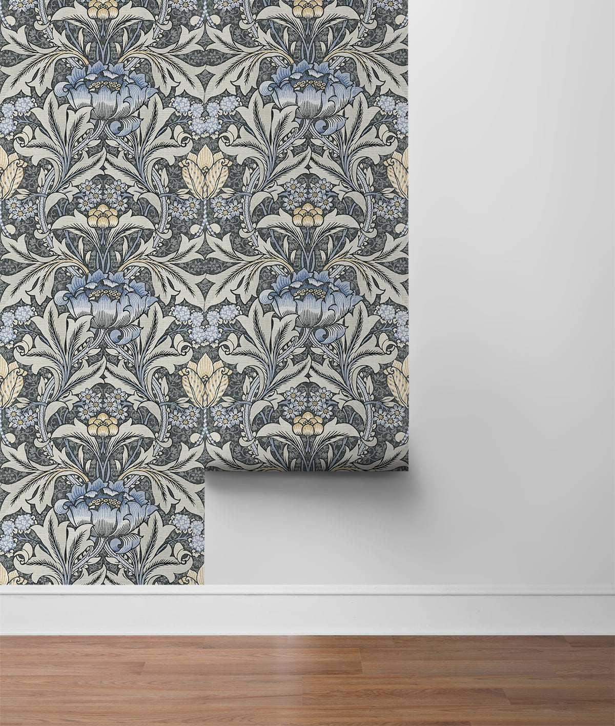 NextWall Charcoal & Carolina Blue Acanthus Floral Peel and Stick Wallpaper