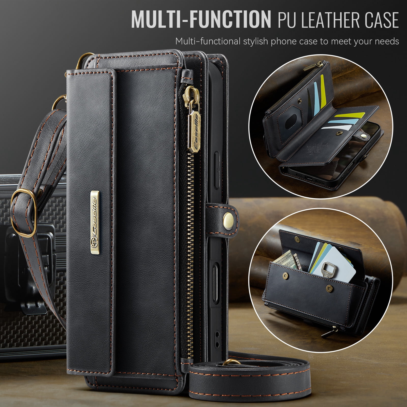 Compatible with iPhone 17 Pro Max Wallet Case, Women Men RFID Blocking PU Leather Flip Cover Zipper Pocket Card Slots Phone Case for iPhone 17 Pro Max, Wrist Strap & Crossbody Strap, Black