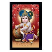 IBA Indianbeautifulart Makhan Chor Baby Krishna Picture Frame Religious Poster Black Wall Frame Deity Photo Frame Wall Decor For Home/ Office/ Temple-6 x 8 Inches