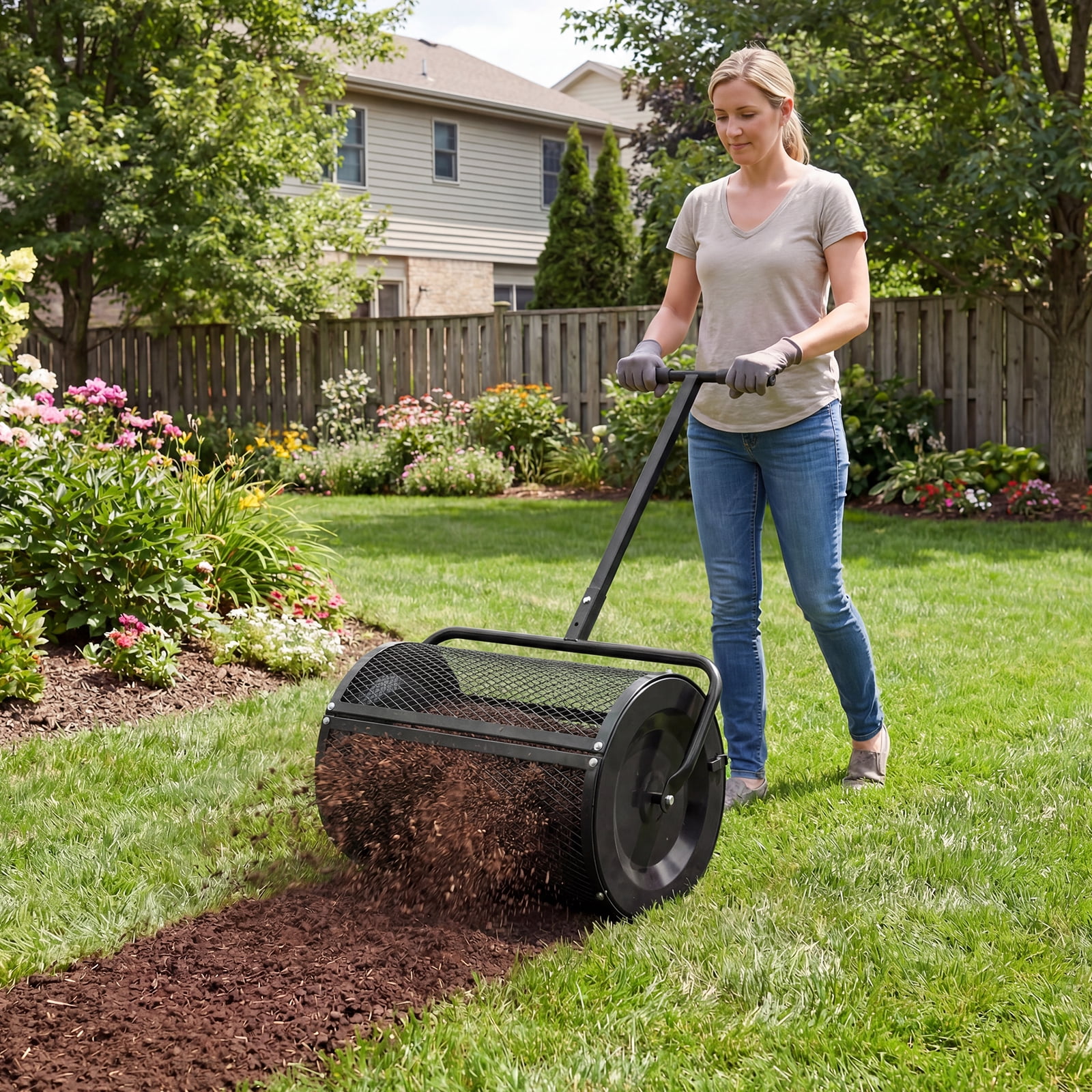 Gymax Compost SpreaderPeat Moss Spreader Roller w/Height-adjustable T-shape Handle Black