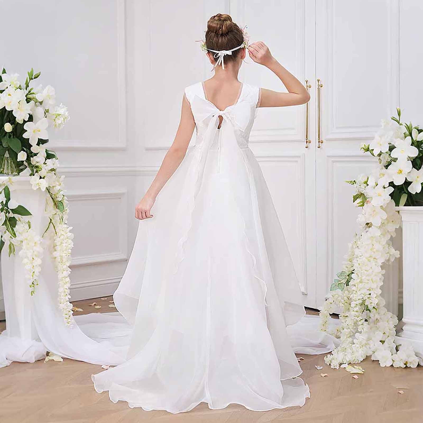 Wdgfv Elegant Girls Dresses Back V Neck Bow Dress For Kids 7-12 Years Old Casual Party Wear Comfortable Breathable Fabric Spring Summer Fall White 10-11 Years