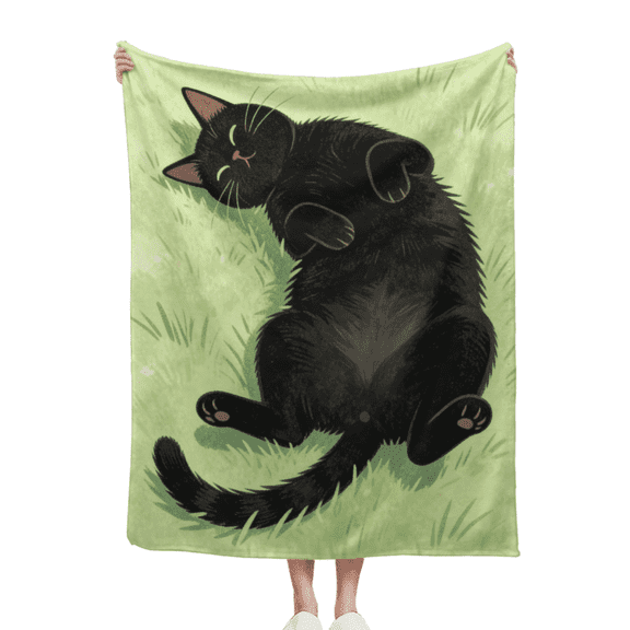 40*50Whimsical Black Cat Napping on Grass Flannel Blanket - Plush Fleece Throw for Sofa, Bed, and Home Decor