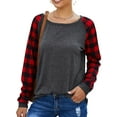 thumbnail image 3 of Women Round Neck Long Sleeve Splicing Plaid Top, 3 of 9