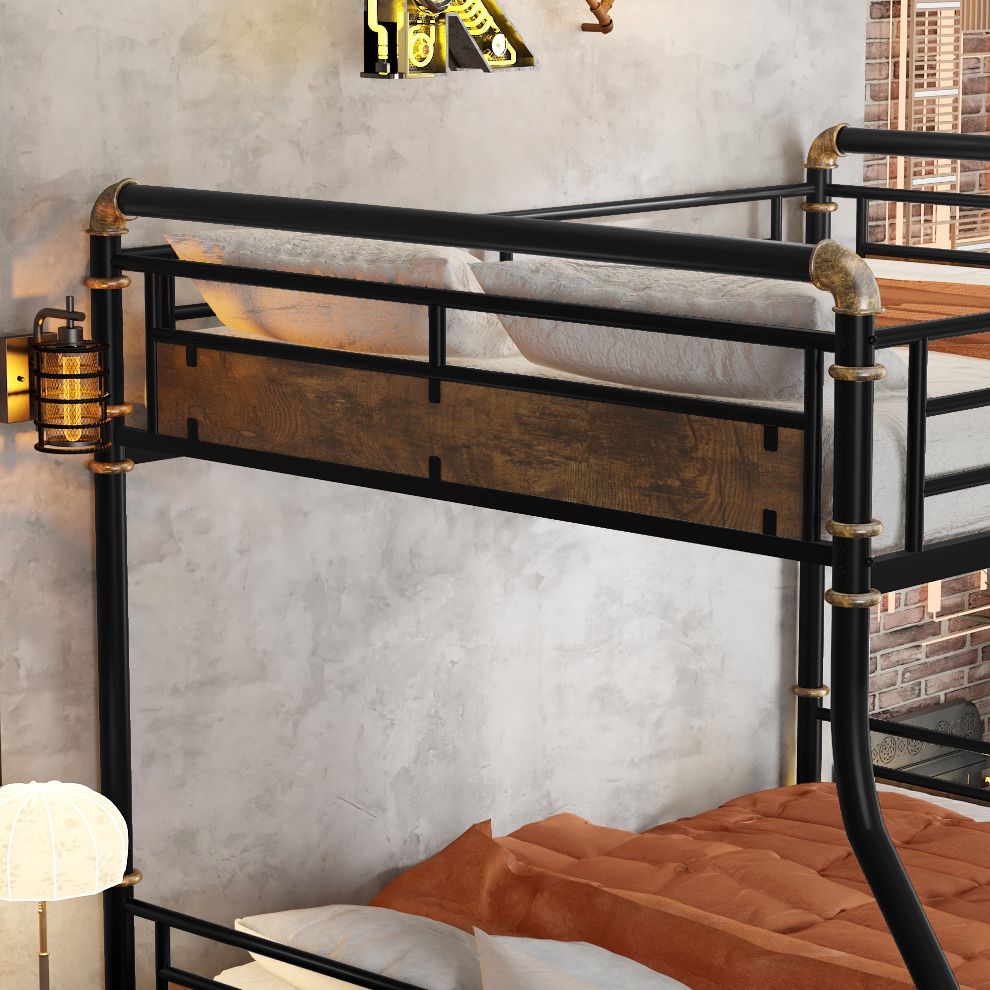 Full XL over Queen Bunk Bed,Heavy Duty Metal Bed Frame with Safety Guard Rails for Kids Teens, Black