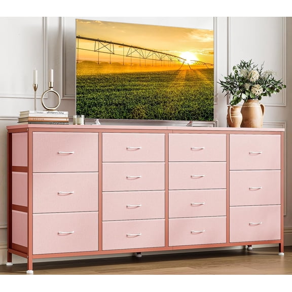 Fits TVs up to 75 In TV Stand with 14 Drawers and Power Outlets Modern Storage for Living Room Bedroom Pink