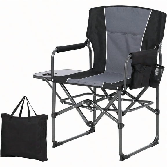 Oversized Directors Camping Chair Portable Folding Chair For Adults Support 400 Lbs Heavy Duty Lawn Chair With Side Table For Camping Sports Picnic Beach Fishing Black