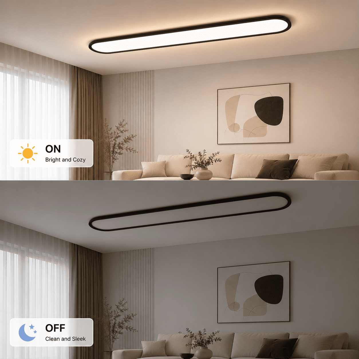 Garwarm 47.24" Linear LED Ceiling Light, 51W Dimmable Black Flat Panel Flush Mount Ceiling Lamp, Low Profile Lighting Fixture for Kitchen, Office, Hallway