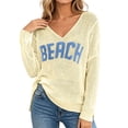 thumbnail image 3 of Womens Summer Outfits Beach Cover Up Letter Print Long Sleeve Sweater Sweatshirts V Neck Split Hem Crochet Jumper Top Lightweight Knit Pullover White, 3 of 7