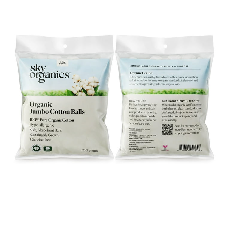 Sky Organics Organic Jumbo Cotton Balls for Sensitive Skin, 100% Pure GOTS  Certified Organic for Beauty & Personal Care, 100 ct.