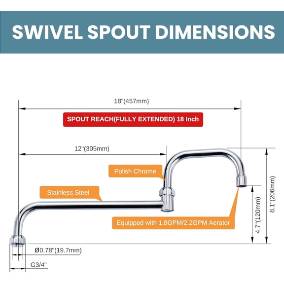 Commercial Faucet Swivel Spout Replacement: iVIGA 18“ Add-on Swing Nozzle - Chrome Polished Spout Replacement for Commercial Kitchen Sink Faucet - 1.8gpm/ 2.2gpm Aerator - G3/4 Internal Thread