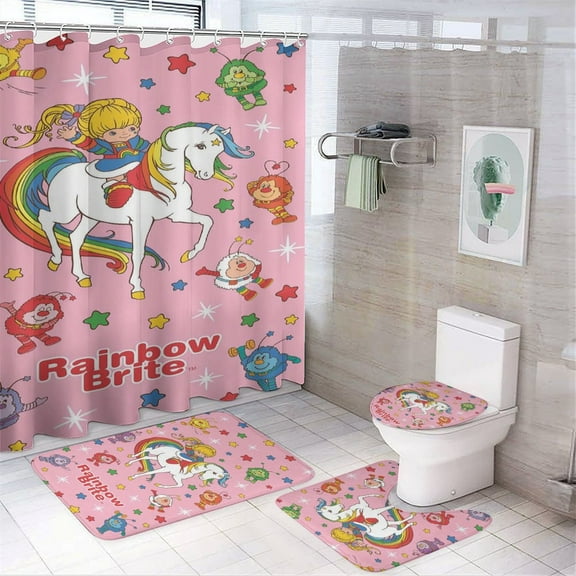 Rainbow Brite 4 Piece Bathroom Shower Curtain Sets Non-Slip Rugs Bath Mat Toilet Lid Cover U Shaped Mat for Bathroom Decor Set 72" X 72"