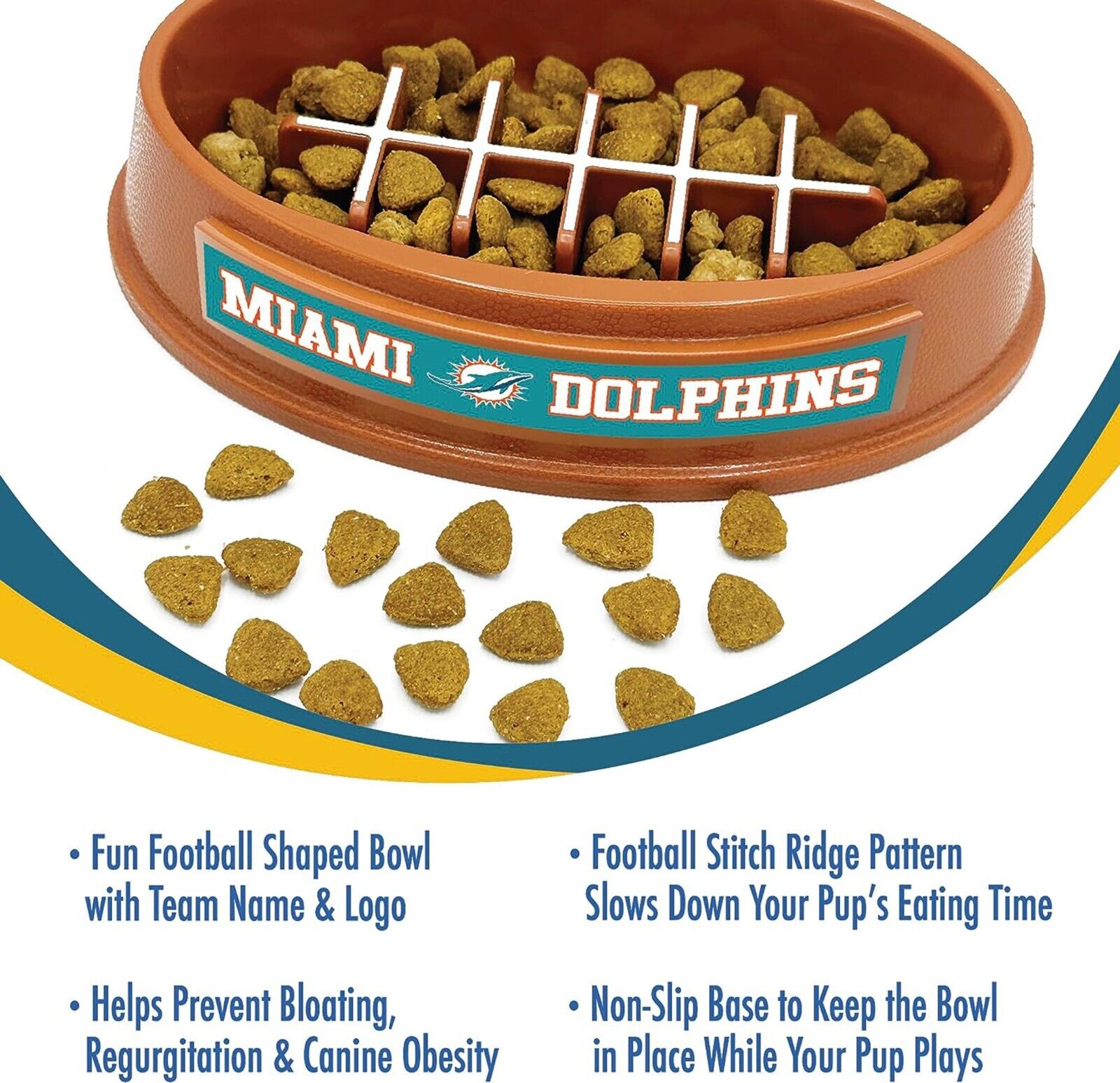 Pets First NFL Miami Dolphins Super-Bowl Slow Feeder Bowl for Dogs and Cats, Football Design for Healthy Digestion, Non-Slip, for Large & Small Pet