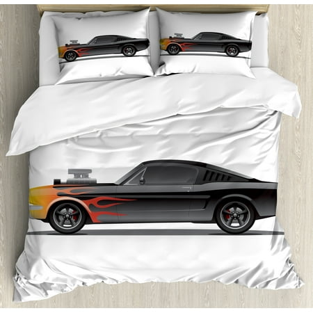 Cars Duvet Cover Set Custom Design Muscle Car With Supercharger And Cars Duvet Cover Set Custom Design Muscle Car With Supercharger And Flames Roadster Retro Styled