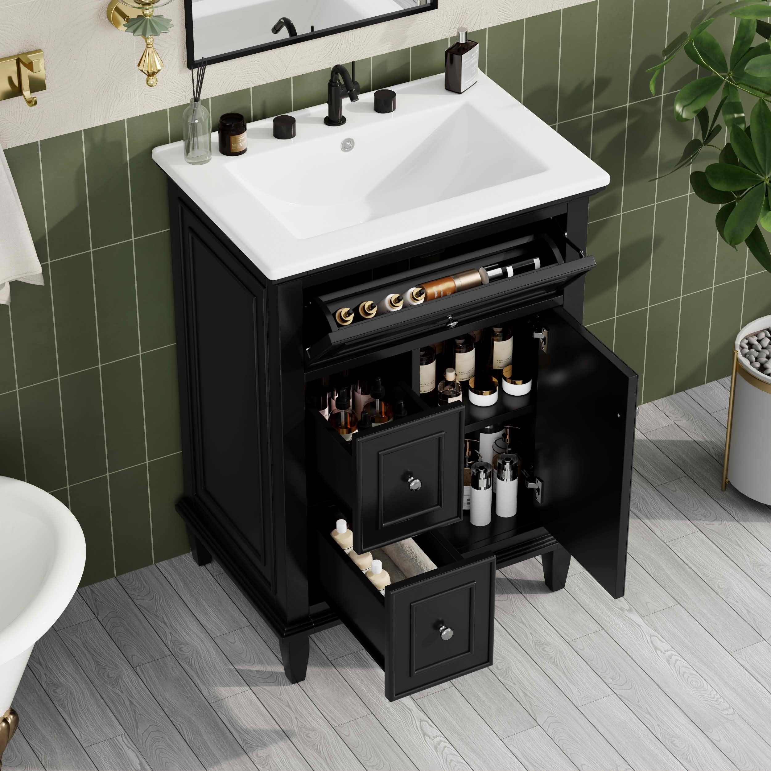 MAYEERTY 24" Bathroom Vanity with Sink, 1 Flip Drawer 2 Drawers Adjustable Shelf, Solid Wood MDF, Black