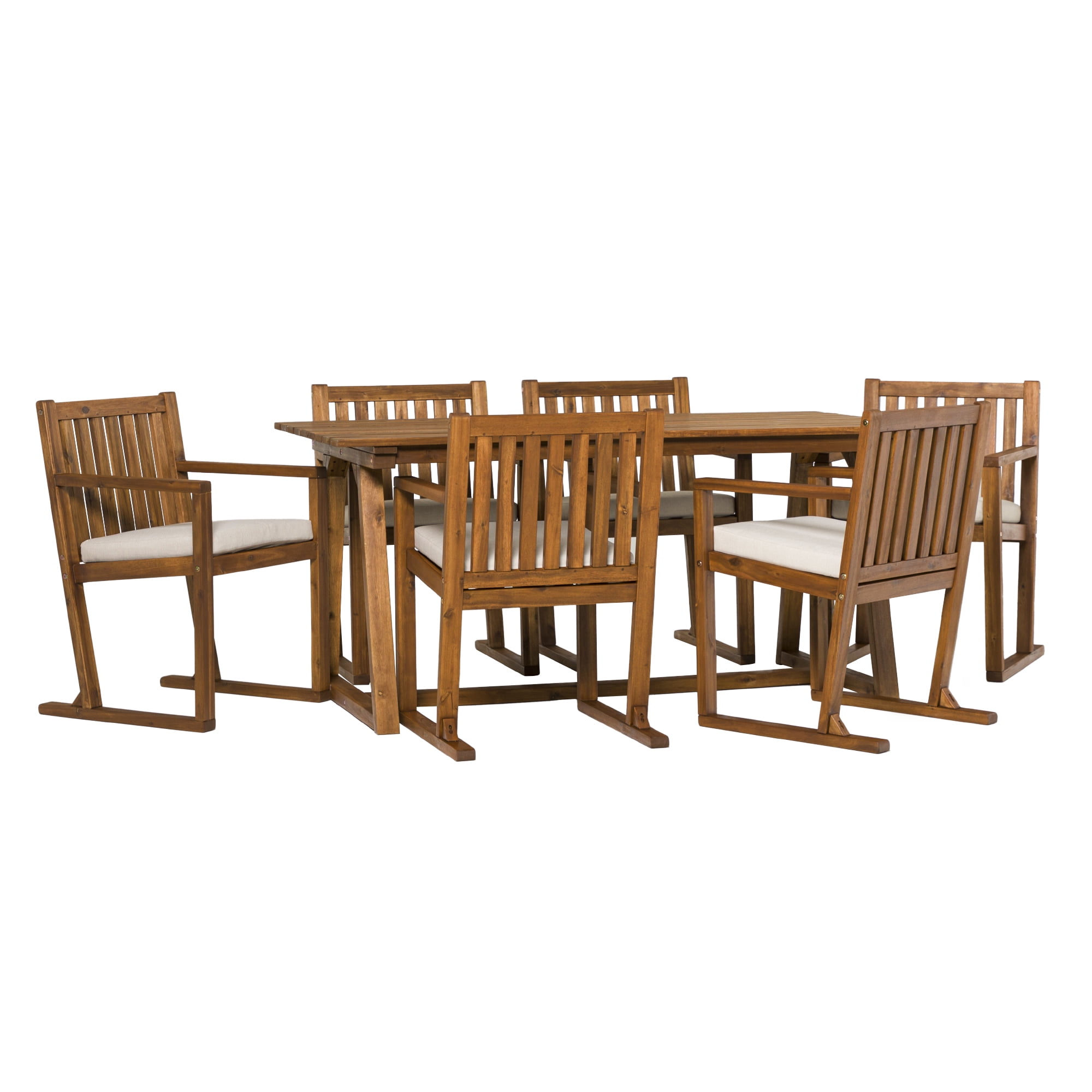 Walker Edison Modern 7-Piece Solid Wood Outdoor Dining Set, Brown