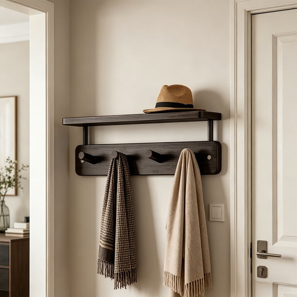 Perchero de madera de pared con 6 ganchos para baño, cocina y sala de estar, resistente a la oxidación, fácil instalación, 40x17x10 cm.