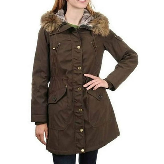 1 Madison Expedition Women's Faux Fur Hooded Parka Jacket - Dark Olive (medium)