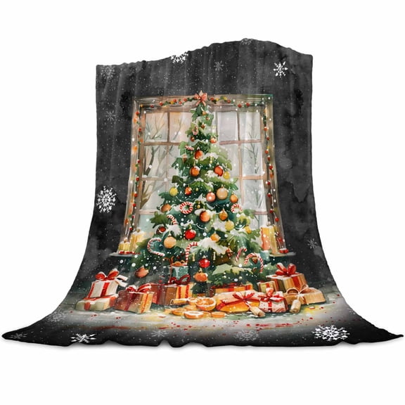 Christmas Xmas Flannel Blanket for Bed,Travel and Camping, Tree Ball Fruits Snowflake Black Super Soft Cozy Blanket for All Seasons 32"x48"