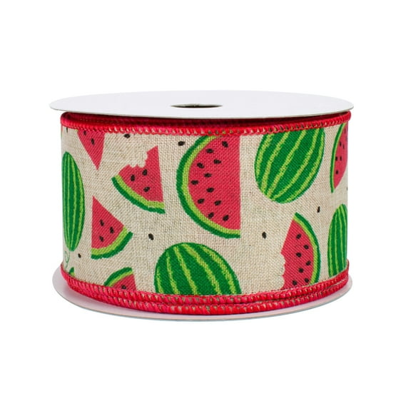 Watermelon Pattern Natural Wired Ribbon - 2 1/2" x 10 Yards, Easter, 4th of July, Summer Decorations, Pink, Green, Tan, Party Décor, Summer Camp